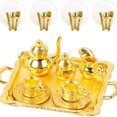 24 Pieces Mini Tea Set Golden Metal Dollhouse Miniatures Tiny Tea Set Mini Doll Plates Knife Fork Spoon For Dollhouse Furniture And Kitchen