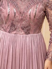 SUPGIR [Random Floral Cut] V-Neck Lantern Sleeve Chiffon Sequin Embroidery Waist Cinched Party Evening Dress - Pink - View 4