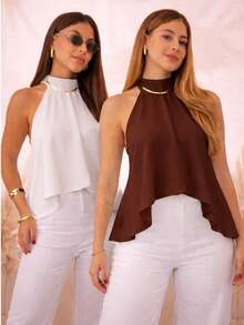 Women's Blouse With High Neck And Asymmetrical Neck Tie - 白色/棕色 - 查看 3