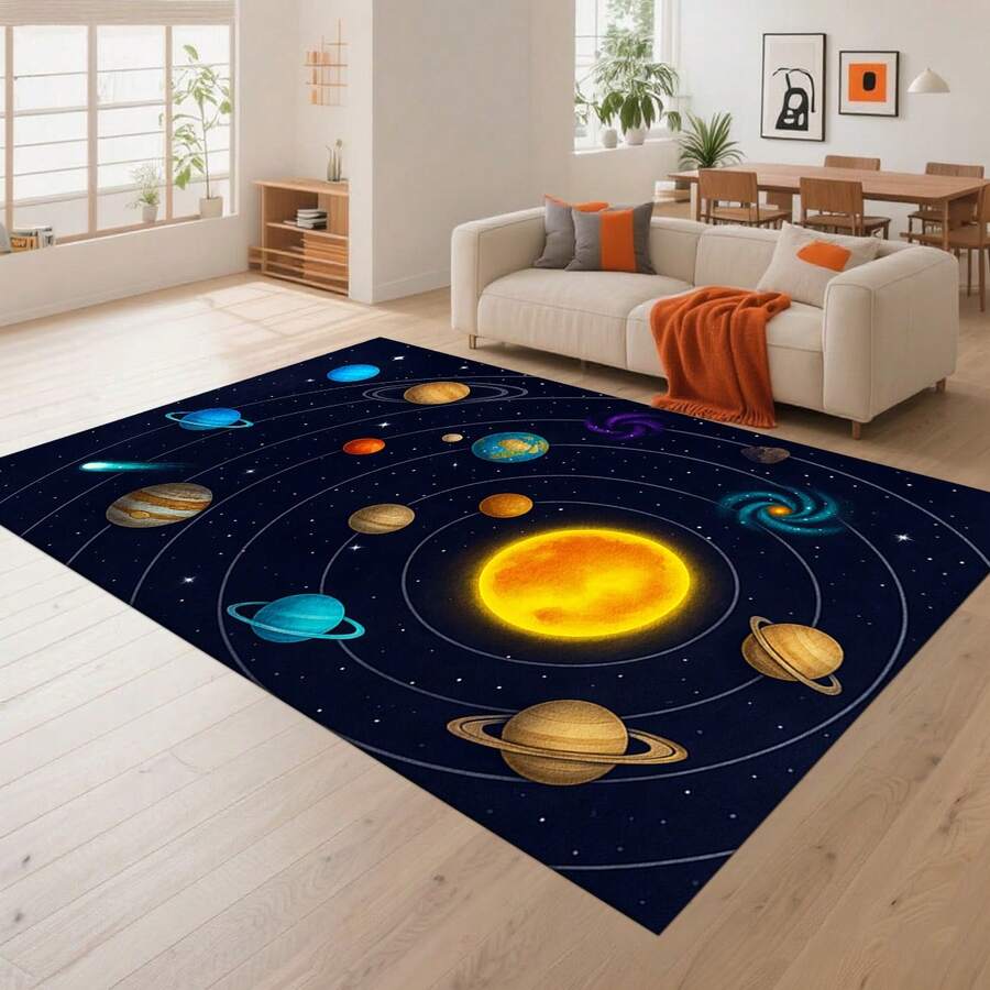 Cashmere-Like Solar System Galaxy Planet Pattern Printed Large Carpet, Exquisite Carpet, Comfortable And Beautiful, Versatile Decorative Style, Suitable For Living Room Carpets, Sofa Cushions, Door Mats, Bedroom Carpets, Outdoor Carpets, Malls, Cafes And Other Scenarios, Easy To Clean And Machine Washable, Available In Multiple Sizes. - 彩色 - 查看 1