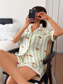 Dreamivo 2pcs Women Comfortable White & Green Striped Puppy Print Lapel Single-Breasted Short Sleeve Pocket Top & Shorts Pajama Set, Suitable For Spring/Summer Loungewear - Mint Green - View 1