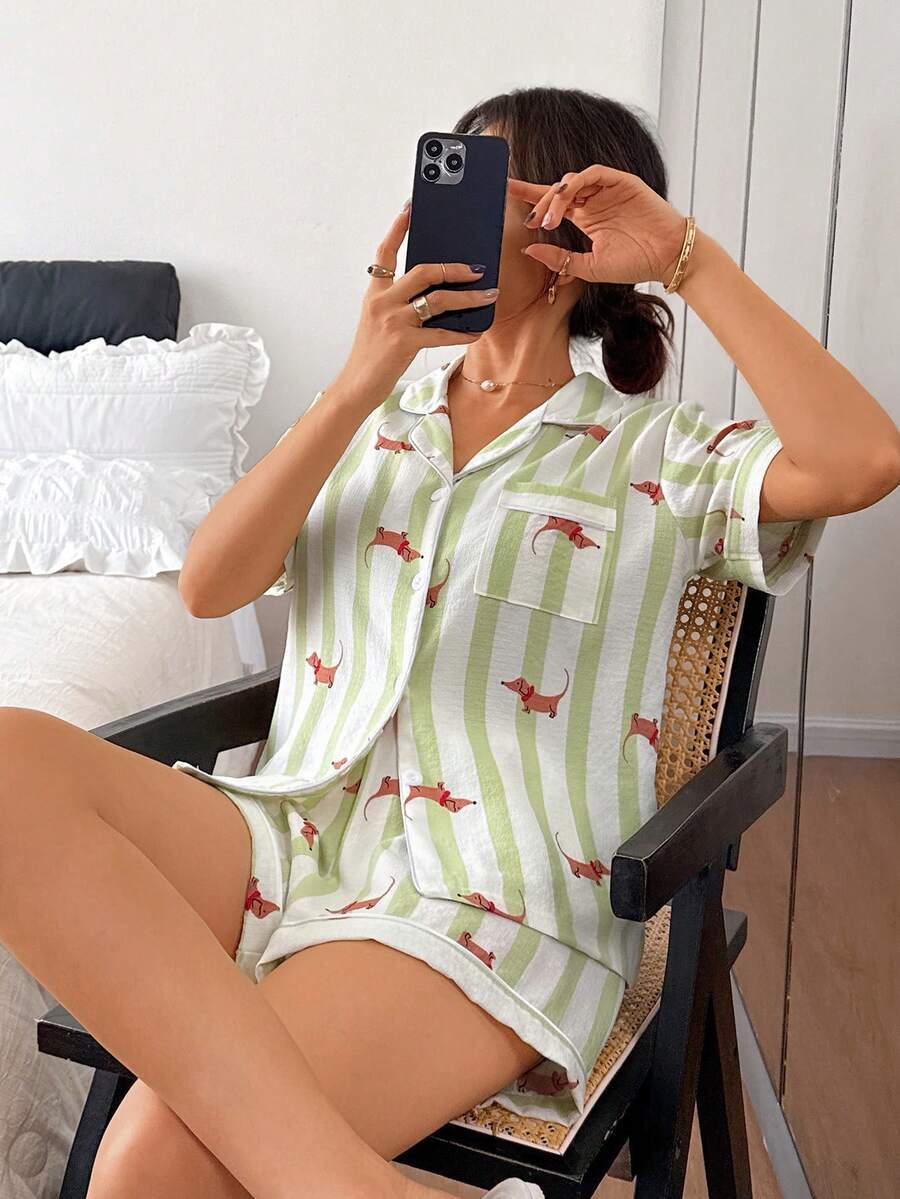 Dreamivo 2pcs Women Comfortable White & Green Striped Puppy Print Lapel Single-Breasted Short Sleeve Pocket Top & Shorts Pajama Set, Suitable For Spring/Summer Loungewear - Mint Green - View 1