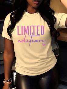 Nueva camiseta de moda para chicas de primavera y verano. Camiseta de mujer de talla grande - Edición limitada, con estampado de letras "Edición Limitada" en rosa y morado - Poliéster suave y elástico, cuello redondo, manga corta, estilo casual, diseño degradado en rosa y morado, adecuada para uso diario y ocasiones especiales. - Albaricoque - Ver 11