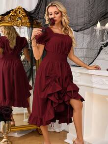 法式乡村风方领泡泡袖女式连衣裙，松紧腰荷叶边中长连衣裙，收腰双面穿连衣裙，适合日常穿着/派对 - 酒紅色 - 查看 4