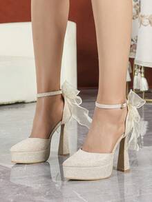 Women's High Heel Sandals, Platform, Pointed Toe, Bow Decor, Strap, Satin, White Closed Toe, Comfortable & Breathable, Suitable For Daily Wear & Dates - Light Gold - View 2