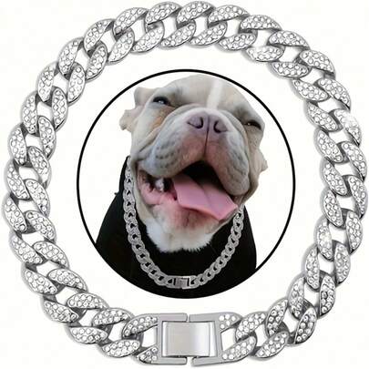 Collar de mascota de cadena cubana de aleación de zinc con estilo hip hop, incrustado con brillantes rhinestones, tamaño ajustable y flexible para adaptarse al cuello, estructura de moda y duradera, adecuado para gatos y perros