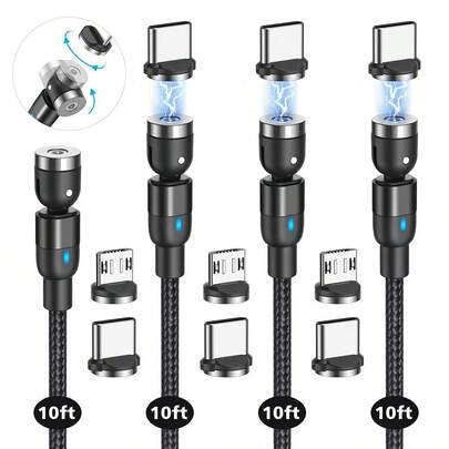 Magnetic Charging Pack (4 X 10ft), 540 Rotation USB Nylon Braided Magnetic Phone Type C, Micro USB