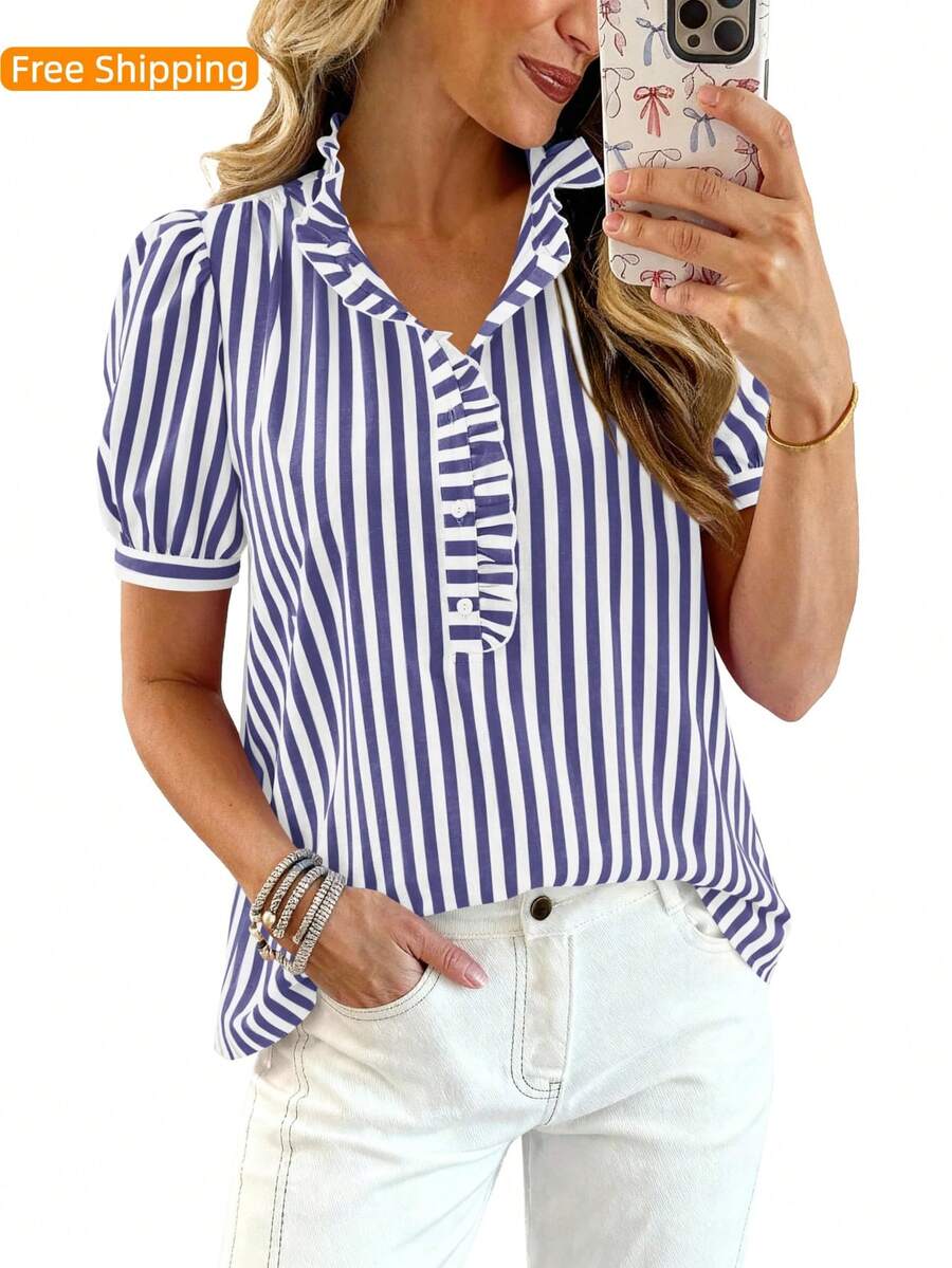 Puff Sleeve Striped Ruffle Blouse V Neck Button Front Summer Top Chic Casual Work Office Outfit For Women - Blue - View 1