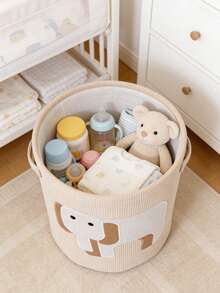 1pc Animal Print Baby Storage Basket, Striped Plush Fabric, Large Capacity Baby Clothes, Diapers, Toys Organizer Bin, Portable Household Storage Basket, Nursery Decor - Multicolor - View 5