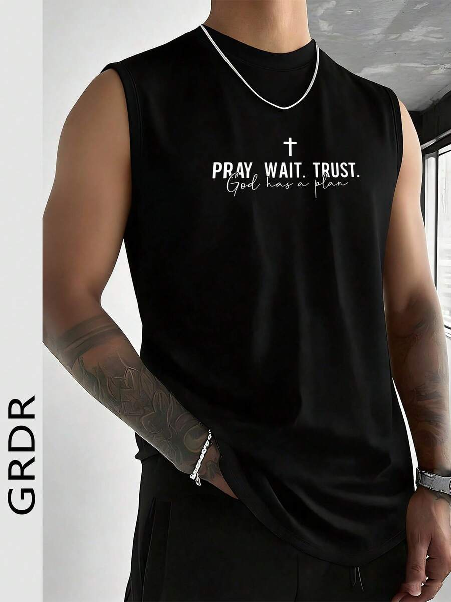 GRDR 男士极简印花休闲宽松圆领背心，夏季时尚 - 黑色 - 查看 1