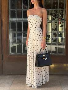 Unadoll 女士春夏优雅无肩带波点收腰喇叭下摆白色长裙复古派对婚礼宾客装扮 - 白色 - 查看 4