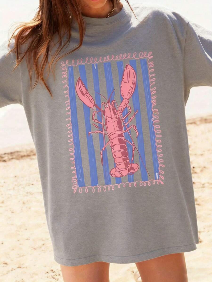 Graphic Women T‑Shirts,Women'S Pink Lobster And Blue Striped T-Shirt | White Casual Summer Beach Wear, Vertical Stripes And Wave Print, Pink Lobster D - 灰色 - 查看 1
