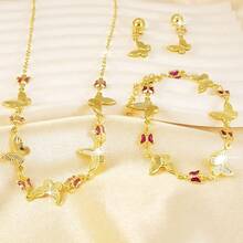 Bộ trang sức hình bướm mạ vàng 18K dành cho nữ, mặt dây chuyền hình bướm đính đá zirconia nhân tạo màu đỏ dễ thương gồm dây chuyền, bông tai và vòng tay, trang sức lãng mạn cho tiệc cưới. - Vàng - Xem 1