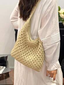 Dedoo 手工编织草编包 女士新款大容量沙滩海边镂空女包 假日风单肩包 批发 - 米色 - 查看 5
