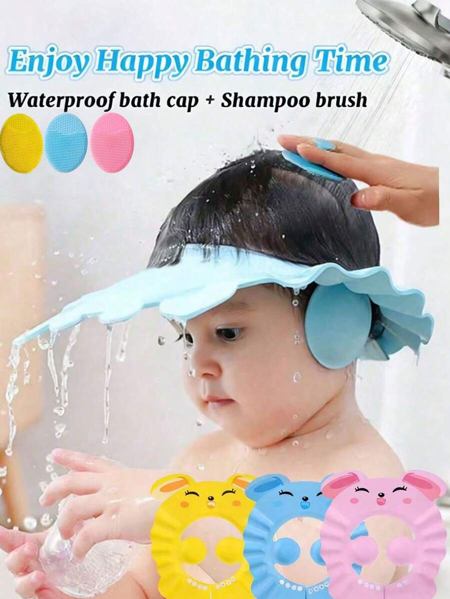 2 piezas Gorro protector de orejas impermeable para bebé, gorro de champú ajustable y lindo en rosa, azul, amarillo de EVA para niños y niñas para el baño diario, cuidado del cabello y protección solar - Multicolor - Ver 1