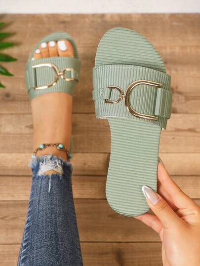 Women's Summer Beach Holiday Solid Color Flat Sandals, Metal Buckle Decor Sandals, Fashion Minimalist Lightweight Flip Flops, Suitable For Home, Office, Outdoor