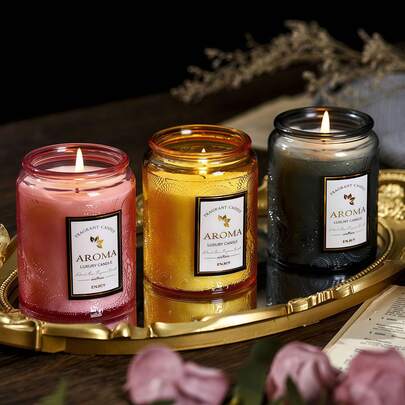 Vela aromática de vidrio con relieve y color, velas perfumadas para el hogar, vela en frasco con tiempo de quemado de 40 horas, sin humo, cera de soja, fragancia creativa para el hogar, adecuada para dormitorio, sala de estar, cocina, exterior, camping