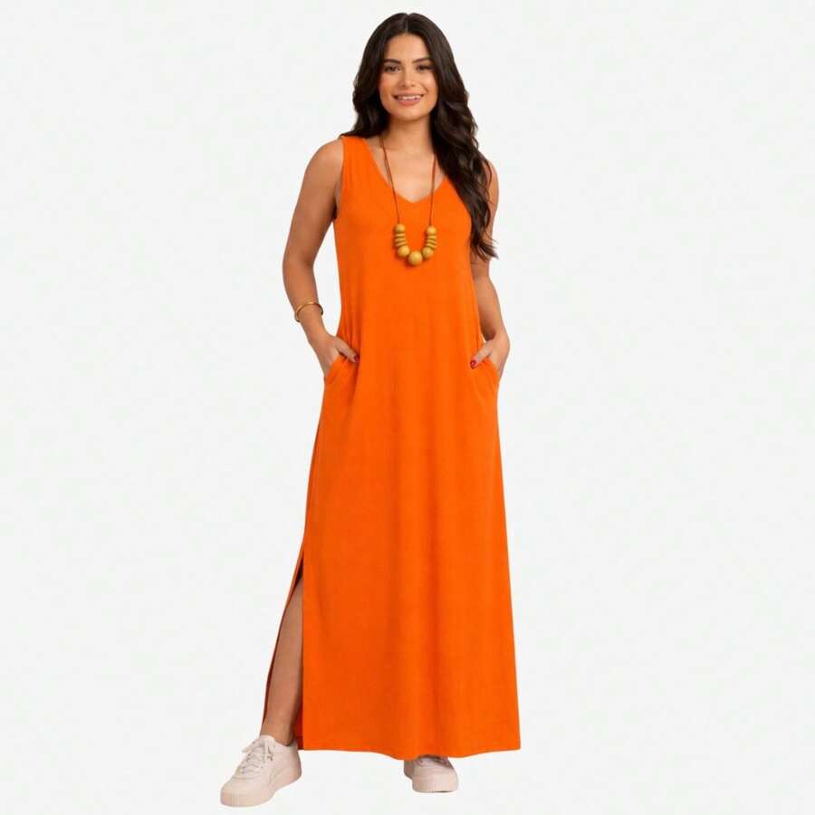 Women's Plus Size Tank Top Dress With Pocket. - 橘色 - 查看 1