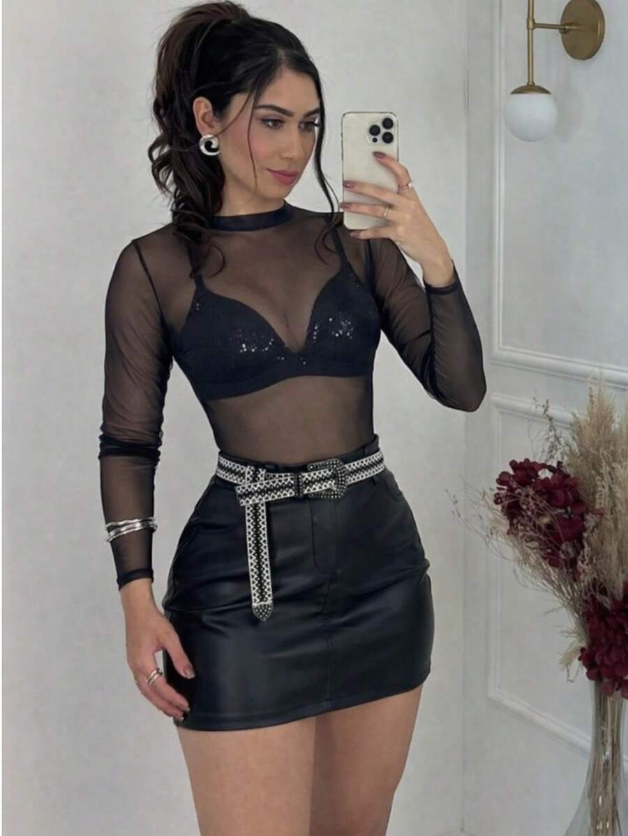 Women's Faux Leather Skirt + Long-Sleeved Tulle Blouse Set - Autumn/Winter Fashion - Vải tuyn đen - Xem 1
