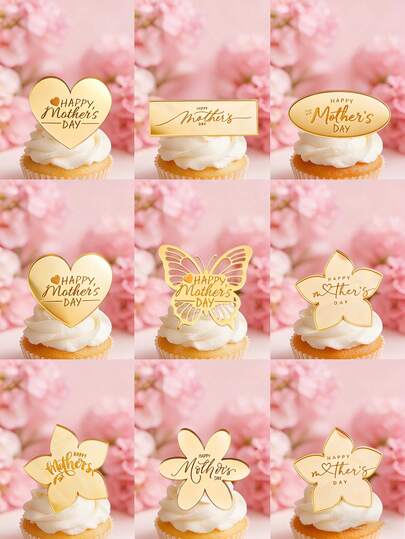 9pcs Gold Mirror Acrylic Cake Decorations, Suitable For Mother's Day, Patterns Include Heart, Flower And Butterfly, Applicable For Party, Birthday Cake Decor, Mother's Day Cake Decor, Etc.