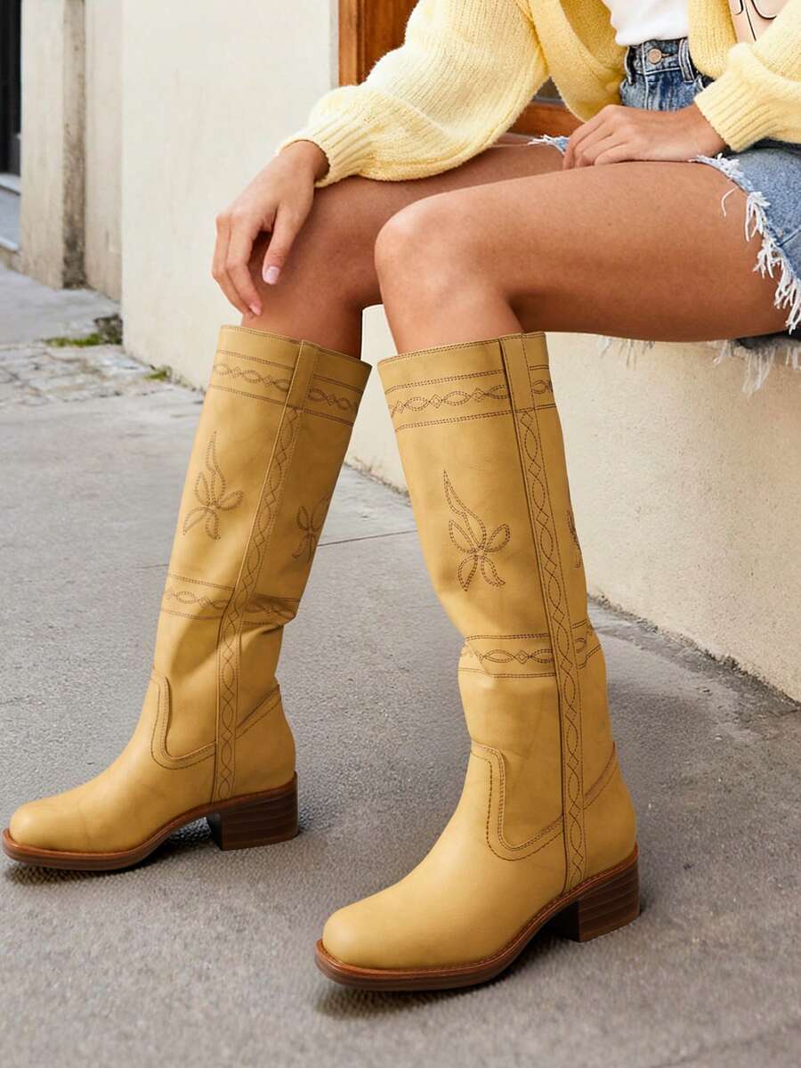 Women's Knee High Boots Pull-On Tall Shaft With Western Stitching Vintage Style Comfortable Square Toe Boots For Women - 黃色 - 查看 1