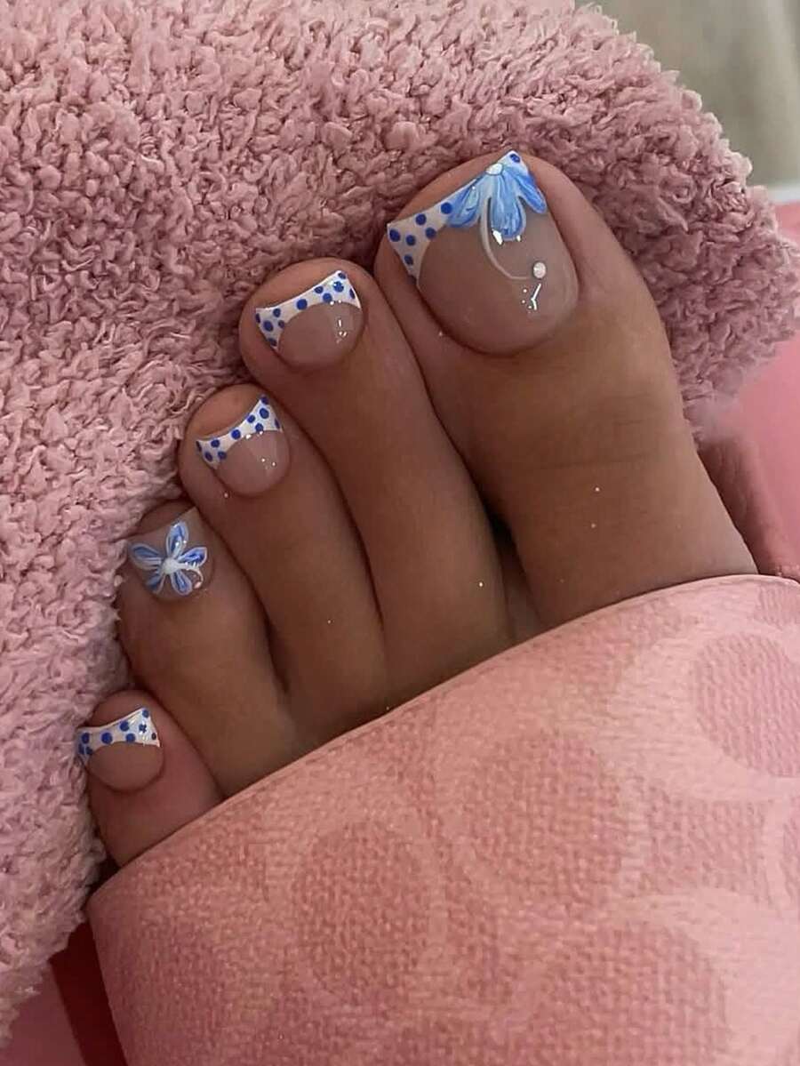 24pcs Adhesive Toe Nail Stickers, Transparent Blue Floral Polka Dot Design, Fresh & Whitening For Summer, Reusable, 1 Nail File + 1 Jelly Gel Included Press On Nails - Baby Pink - View 1
