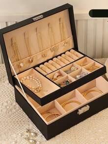 3-Layer Large Capacity Jewelry Storage Box, Portable Jewelry Organizer, Vanity Jewelry Box With Drawers, Gift Leather Jewelry Box, Exquisite Display Packaging Storage Box, Back To School Essential - Multicolor - View 9