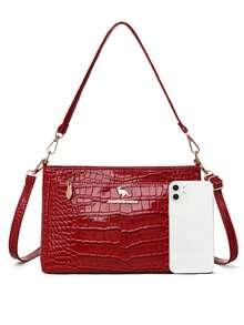 Retro Minimalist Printed Crossbody Bag With Adjustable PU Strap, Flap Closure, New Year - Camel - View 3