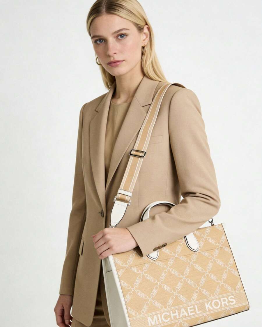 Michael Kors MK Gigi Women Big Capacity Tote Bag Top-Handle Handbag with Wide Strap - 稻草黃 - 查看 1