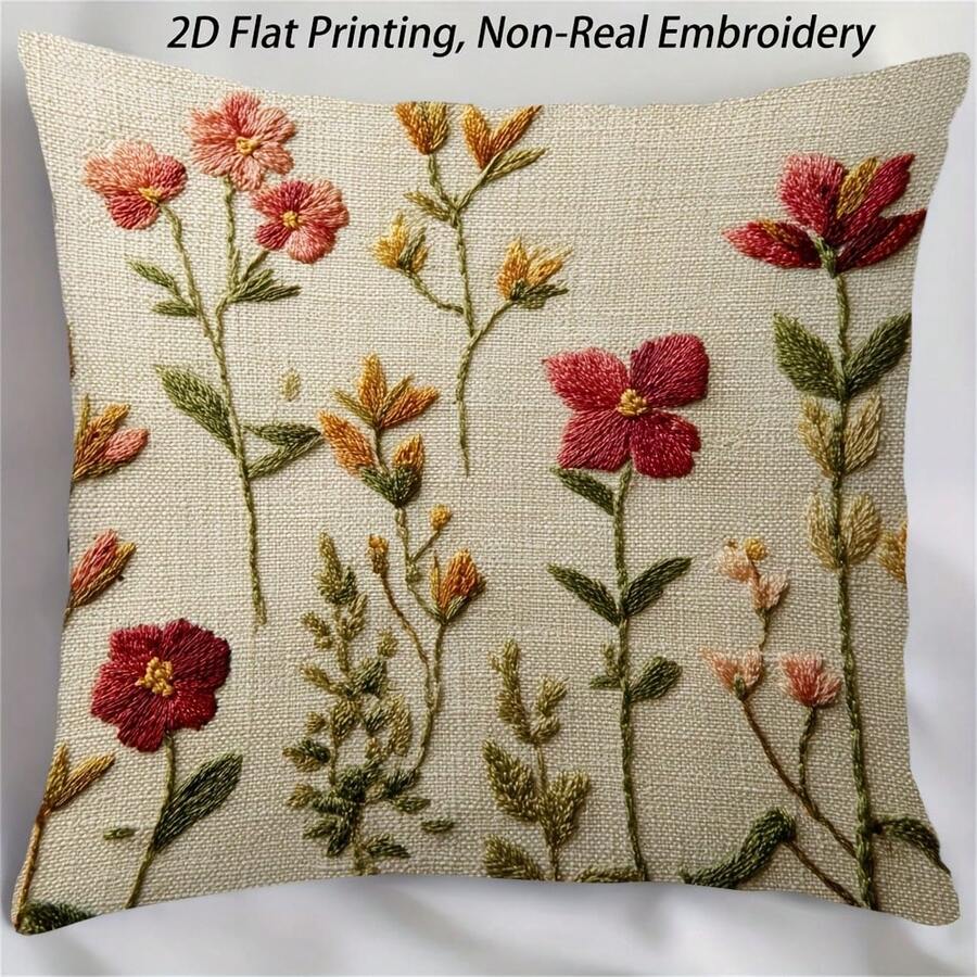 1件鄉村米色花卉枕套，2D印花非刺繡，輕量聚酯纖維，復古紅粉黃綠花朵靠墊套，氛圍田園風家居裝飾枕，舒適臥室角落，鄉村農舍客廳，春季沙發裝飾枕 - 紅綠色 - 查看 1