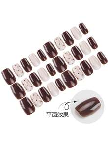 30片按压式美甲，短方形/焦糖棕色猫眼，奶茶裸金色闪粉，波点装饰，完美融合复古与温柔，适合秋冬穿搭、日常通勤、约会等场合，是一款典型的百搭秋冬高端美甲。 - 彩色 - 查看 3
