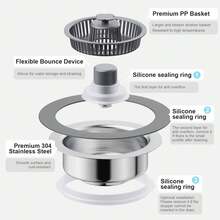 3 In 1 Kitchen Sink Drain Strainer And Stopper, 304 Stainless Steel Pop-Up Anti-Clogging Basket Filter, Fast Drainage Sink Plug, Universal For Standard 3-1/2 Inch Drain Holes, Easy To Install & Clean Kitchen Sink Accessory - Silver+Grey - View 8