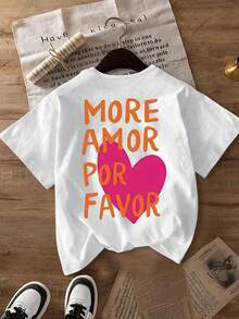 Camiseta de manga corta de cuello redondo con estampado de corazón morado y texto "MORE AMOR POR FAVOR" en naranja, de corte holgado y sin forro, adecuada para vacaciones, verano y primavera - Blanco - Ver 3
