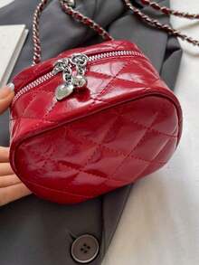 New Fashion Classic Multifunctional Waterproof PU Material, Diamond Quilted Pattern Handbag, Lightweight And Easy To Carry, Zipper Closure Design, Heart-Shaped Zipper Decor Crossbody Round Box Bag, Coin Purse, Suitable For Shopping, Travel, Commuting - 紅色 - 查看 5