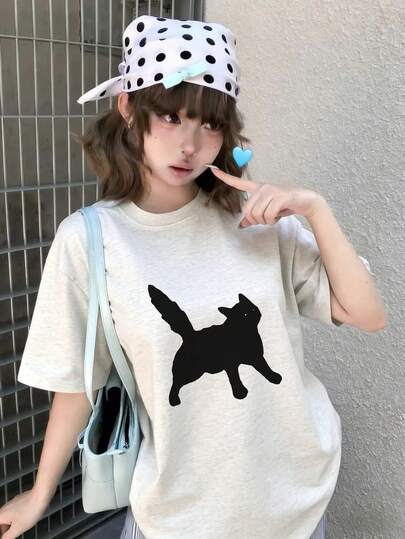 新世代Z风格趣味毛绒黑猫印花圆领短袖T恤，女款，夏季休闲款