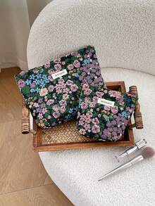 1 PC/Set Purple Green Floral Jacquard Embroidery Women Girl Makeup Pouch Make Up Bag Portable Large Capacity Cosmetic Bag With Zipper,For Travel And Vacation Essentials,For Sanitary Napkins,Keys,Hair Accessories,Charger,Lipsticks,Cosmetics,Perfume,Makeup Brush Holder Organizer Storage Bag,For Skin Care And Beauty Products,For Women,Students,School Girls,For Birthday Gifts,Friends Gift,Holiday Gift - Màu tím - Xem 14