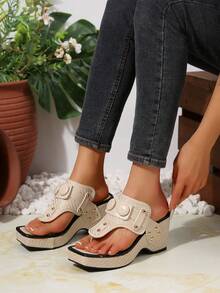 Dép xỏ ngón đế xuồng dệt kim thời trang nữ, sandal đế xuồng đính đá thủ công. - Màu be - Xem 2