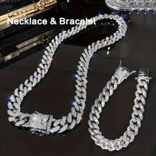 2 Pieces Hip Hop Cuban Chain Necklace & Bracelet Jewelry Set With Shining Rhinestones For Men & Women Party Favors - 嘻哈風格 - 查看 10