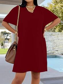 Women's Short Sleeved V-Neck Set, Solid Color Elastic Short Sleeved T-Shirt And Split Shorts 2-Piece Set, Suitable For Jogging, Yoga, Gym, Shopping - 酒紅色 - 查看 5