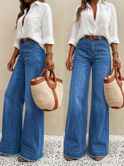 New Women's High-Quality Fashion Casual Loose Fit Denim Wide Leg Pants, Comfortable Fit, Suitable For All Seasons, Daily Wear Spring