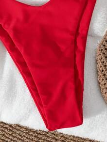 Women's Solid Color Metal Ring Detachable Bikini Set With Removable Straps, Summer Vacation Beach Red - Red - View 5