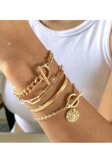 4pcs Coin Pendant Necklace Bracelet Bangle Set, Vintage Bohemian Style Bracelet For Women Daily Wear Stacking,Summer,Jewellery,Festival,Classy - Multicolor - View 4