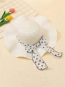 1 Summer Women's White Wavy Polka Dot Bow Beach Sun Hat, Elegant And Sun-Protective, Suitable For Beach Trips And Vacations. - 卡其色 2 - 查看 3