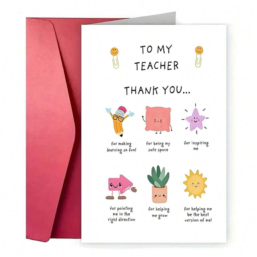 Cartão de Agradecimento para o Dia do Professor (1 unidade) - Desenhos fofos para sala de aula (estrelas, sóis, personagens de almofada) - Mensagens sinceras de agradecimento - Cartão de papel resistente - Para professores, educadores e treinadores - Apresentação em sala de aula ou em casa - Professor - Tamanho único. - Ver 1