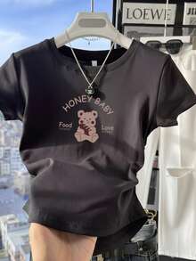 韓式甜美風黑色 HONEY BABY 熊圖案短袖 T 恤，女款修身顯瘦上衣，日系可愛風，熊與字母印花 T 恤 - 黑色 - 查看 2