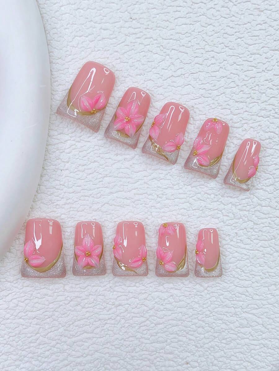 10片装Y2K风鸭嘴美甲贴片套装 - 手工制作，粉色美甲，猫眼美甲，猫眼法式美甲，手工3D花朵，3D粉色花朵美甲，手绘金色图案设计，闪亮小钢珠装饰，精致优雅美甲