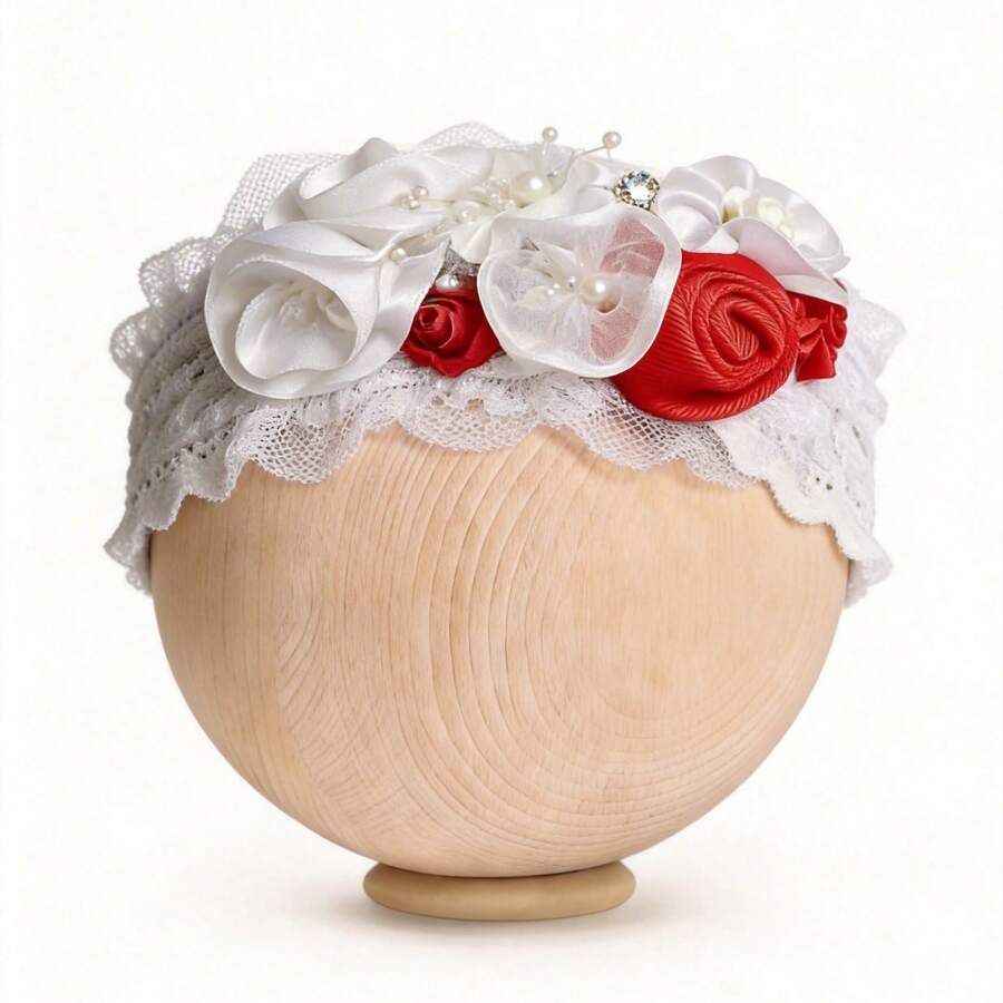 Diademas Florales para Bebé Tiara Bautizo Diferentes Modelos Accesorios Bebé Niña Hechas a Mano Diseño Elegante Suave Cómoda Diadema Infantil Evento Especial Sesión Fotos Regalo Bebés Recién Nacidos - Blanco con rosas rojas - Ver 1