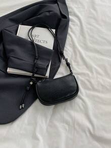 2026 Spring New Minimalist Fashion Solid Color Litchi Texture Saddle Bag, Casual Lace-Up Shoulder Mini Bag - Black - View 4