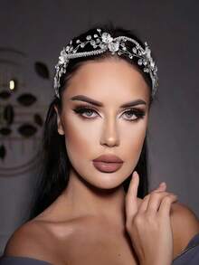 1件手工新娘头饰，合金花朵造型发饰，镶嵌水钻，交叉发带 - 銀色 - 查看 2