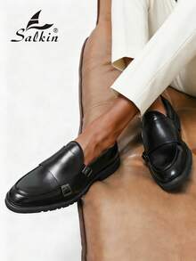 Salkin Vintage Designer Monk Strap Pointed Toe Slip-On Loafers For Men, Affordable Luxury For Modern Living, Elegant Gentleman Formal Dress Shoes Suitable For Middle-Aged, Young, Students, Office, Business, Party, Wedding, Groom, Spring/Summer/Autumn - Black - View 9